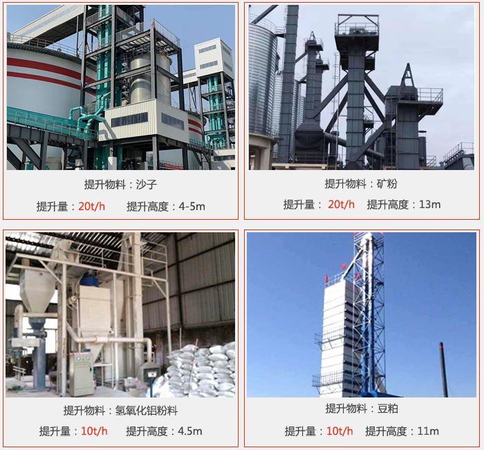 斗式提升机用户使用现场图片：提升沙子提升量：20t/h提升高度：4-5m提升物料：矿粉提升量：20t/h提升高度：13m提升物料：氢氧化铝粉料 提升量：10t/h提升高度：4-5m提升物料：豆粕提升量：10t/h提升高度：11m